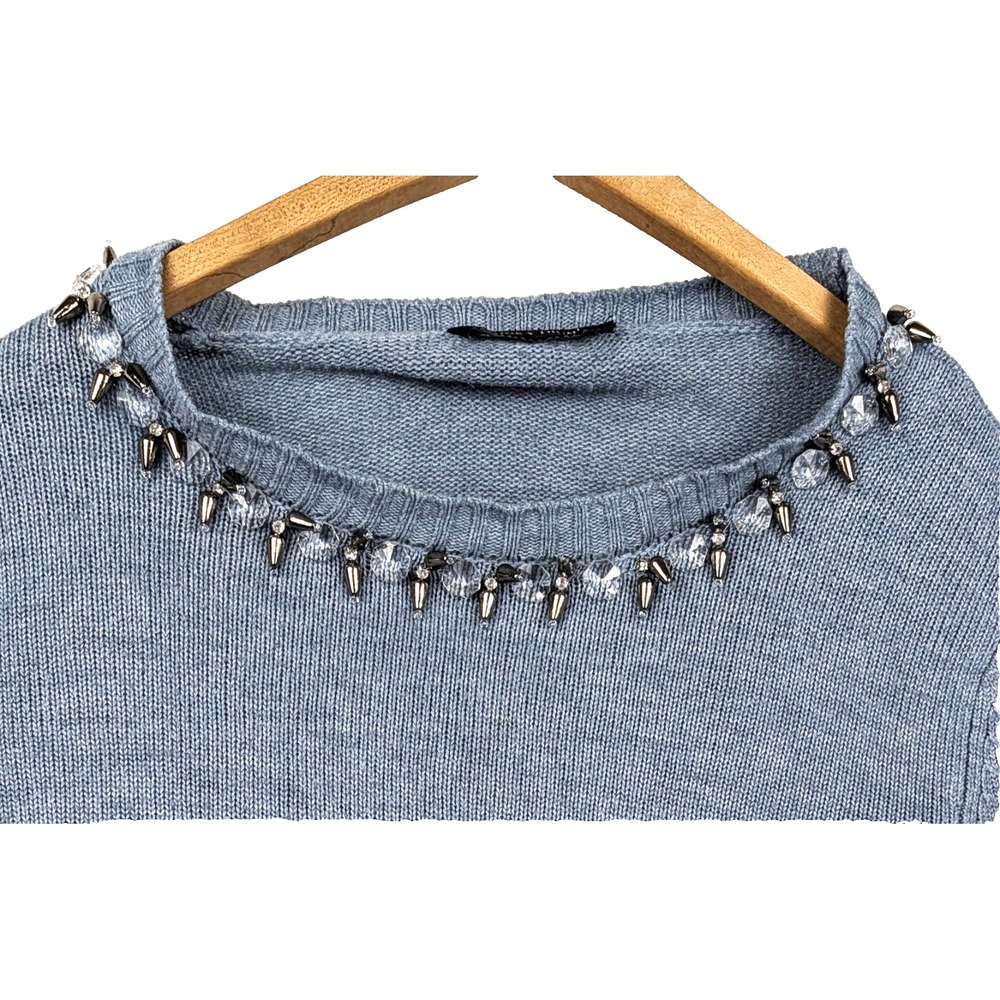 Ivanka Trump Acrylic Cardigan Sweater L Beaded Collar Gray/Blue
